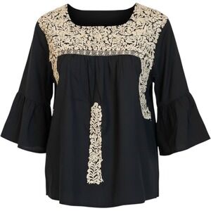 J.Marie Size S Embroidered Oaxacan Style 3/4 Bell Sleeve Top Black Tan Boho